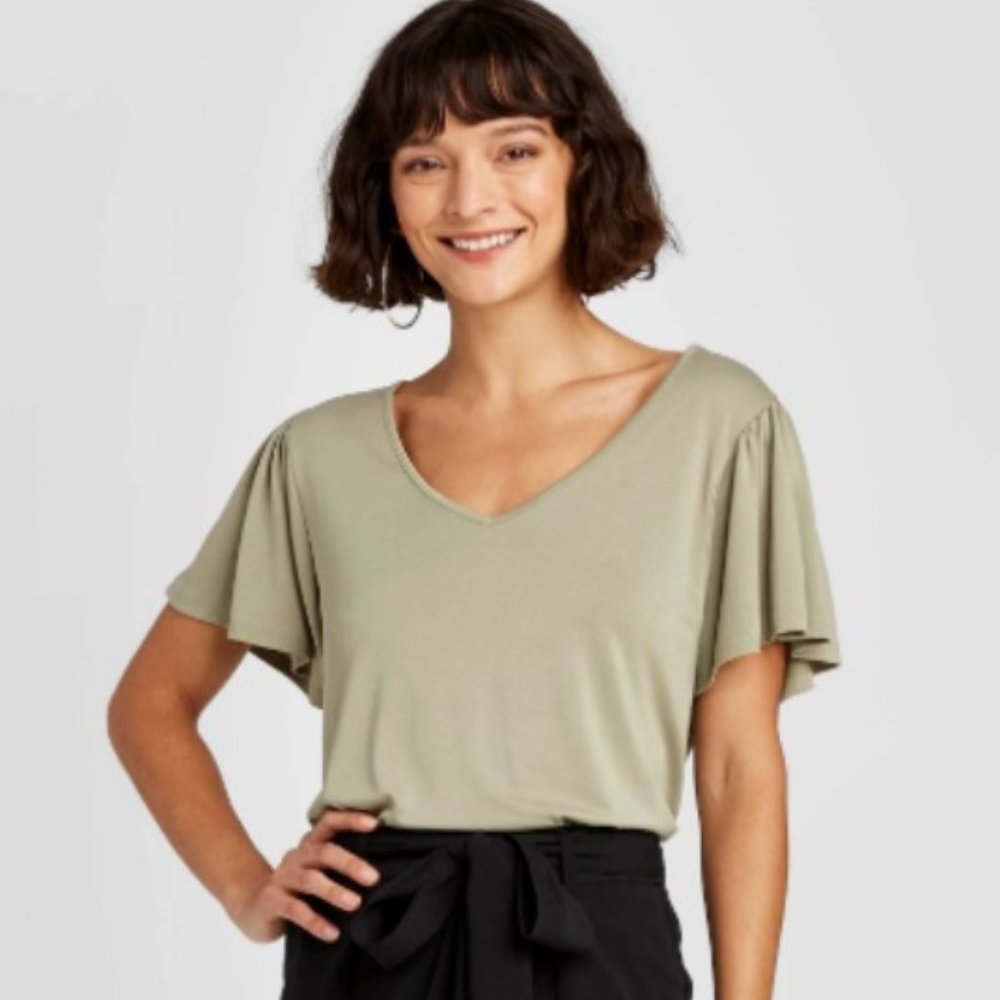 a new day Flutter Sleeve Blouse Large Olive